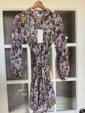 Floral Tie-Waist Long Sleeve Dress in Multi-Color